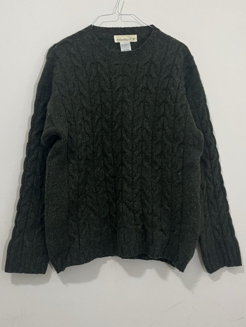 Irelands Eye Fisherman Sweater Flecked Wool/Silk Cable Chunky Knit Men's M Green